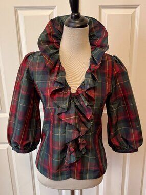 Vintage American Living Tartan Celtic Plaid Ruffle Blouse